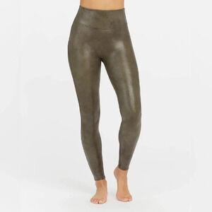 SPANX High Waisted Faux Leather  Croc Shine Leggings - Dark Olive Green - BNWT